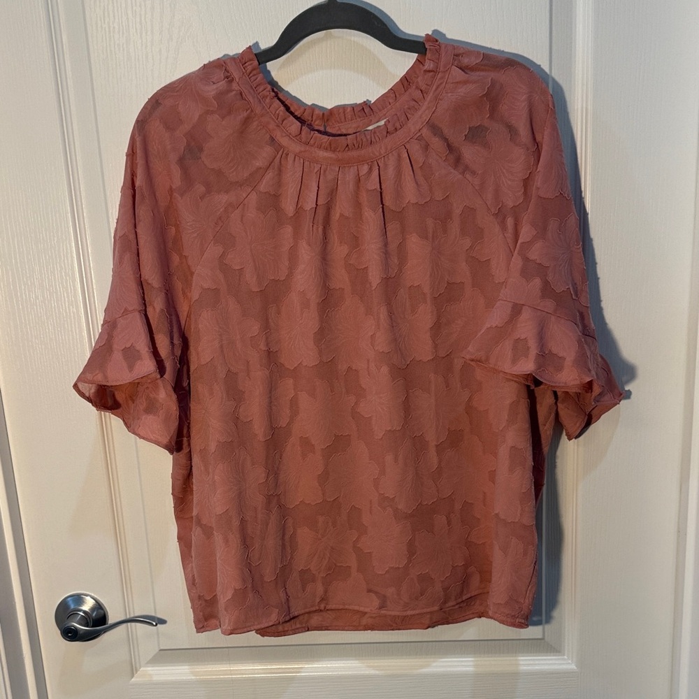 Loft Women's Floral Textured Top - Pink Jacquard Size L Ruffle Sleeves